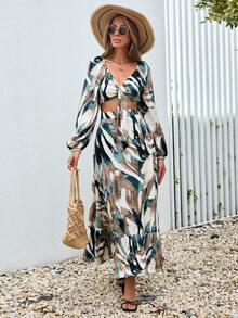 SHEIN VCAY Allover Print Lantern Sleeve Crop Top & Ruffle Hem Skirt - Multicolor - View 3