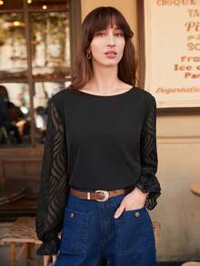 SHEIN Frenchy Lưới tương phản tay áo lá sen Cắt vỏ sò Nút Quay lại Áo sơ mi - màu đen - Xem 5