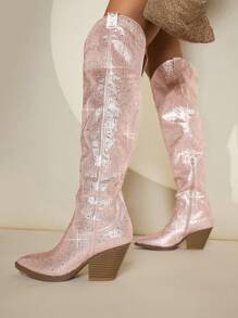 SHUZIA Superventas Botas altas de mujer con pedrería brillante color oro rosa, inspiradas en Tayler Swit, esencial de vacaciones, lujo atemporal - Rosa - Ver 3