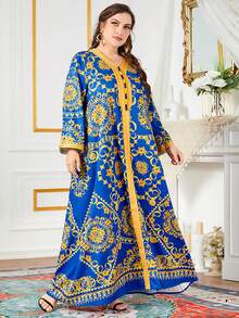 Plus Baroque Print Contrast Trim Maxi Arabian Dress - Blue - View 4