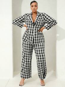 SHEIN SXY 大碼格紋印花西裝領西裝外套 - 黑與白 - 查看 3