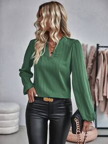 SHEIN LUNE Notched Neckline Lantern Sleeve Blouse - Army Green - View 5