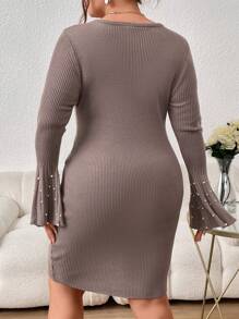 SHEIN Privé Plus Size Pearl & Stud Decor Bell Sleeve Sweater Dress