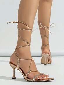 女性高跟時尚戶外涼鞋帶薄高跟鞋,尖頭,蛇圖案裝飾用品,水鑽,金屬質感材料,玫瑰金 - 玫瑰金 - 查看 2