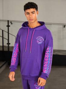 Manfinity VCAY Lỏng lẻo phù hợp Nam Lá thư In Hoodie Với Túi kangaroo Và Dây rút - Màu tím - Xem 4