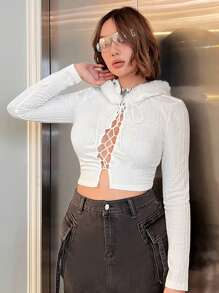 SHEIN ICON Fuzzy Trim Lace Up Front Crop Tee - White - View 6