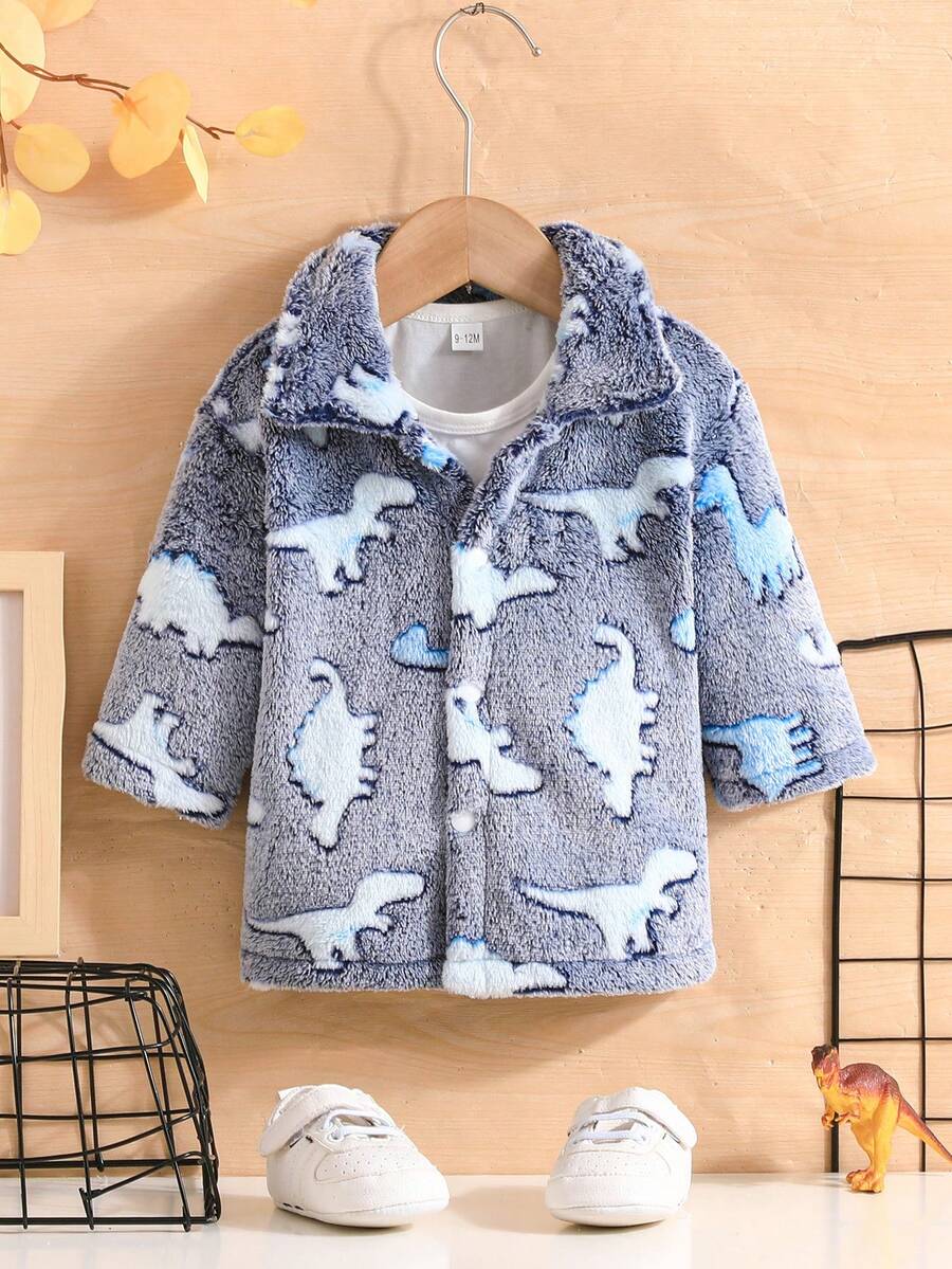 Baby Boy Dinosaur Pattern Flannel Coat Without Tee - Multicolor - View 1