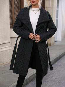 SHEIN Clasi Waterfall Collar Slant Pocket Belted Quilted Padded Coat Clothes Winter - Black - View 3