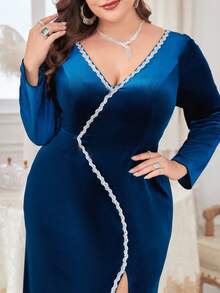 Plus Contrast Sequin Split Thigh Velvet Formal Dress - Teal Blue - View 3