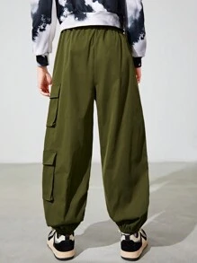 SHEIN Teen Boy Flap Pocket Side Drawstring Waist Cargo Pants - Army Green - View 2