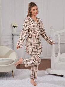 Plaid Print Belted PJ Set - Multicolor - View 6