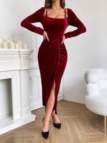 SHEIN Privé Cổ vuông Bao bên Nhung Đầm - Màu Đỏ Sâu - Xem 3