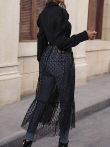 SHEIN LUNE Gigot Sleeve Ruffle Dobby Mesh Hem Belted Blouse - Black - View 2