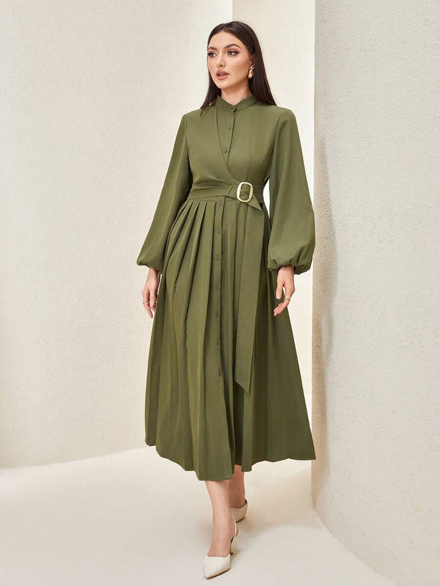 Mulvari Lantern Sleeve Belted Shirt Dress | SHEIN USA