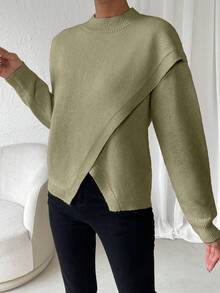 SHEIN LUNE 素色落肩袖交叉圍裹不對稱下擺套頭毛衣 - 橄欖綠 - 查看 3