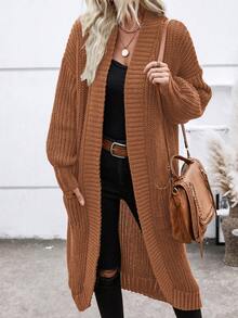 SHEIN Essnce Chất rắn Mở Mặt trước Thả vai Áo len Mở - Rỉ Nâu - Xem 3