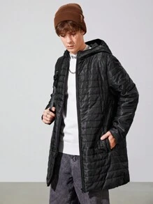 SHEIN 青少年男孩拉链连帽棉服外套 - 黑色 - 查看 1