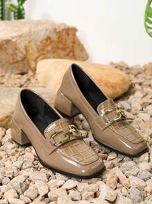 Women's High Heel Loafers, Fashion Square Toe, Black Casual Chunky Heel Retro Chain Mule Shoes - Coffee Brown - View 4