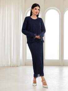 Seusyu Fringe Trim Drop Shoulder Sweater & Knit Skirt - Royal Blue - View 4