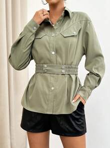 SHEIN Essnce 翻蓋細節落肩袖腰帶襯衫 - 綠色 - 查看 1