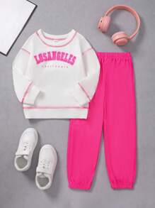 SHEIN Young Girl Letter Graphic Top-stitching Pullover & Sweatpants - Multicolor - View 1