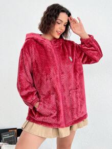 SHEIN EZwear 大碼卡通貼布細節落肩袖3D耳朵設計連帽法蘭絨外套 - 粉色 - 查看 4