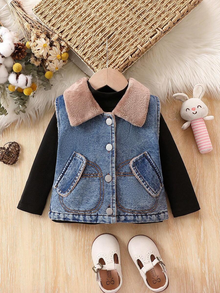 Baby Boy Borg Collar Flap Pockets Denim Vest Jacket & Tee - Blue - View 1