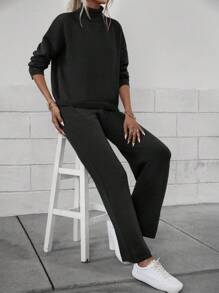 EMERY ROSE Turtleneck Drop Shoulder Sweater & Knit Pants - Black - View 6