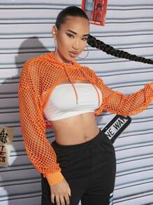 SHEIN SXY 落肩袖微短款網紗連帽衫不附胸罩 - 橘色 - 查看 5