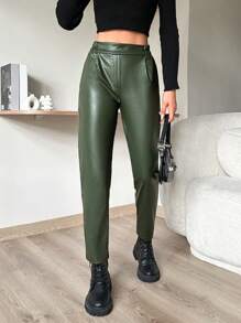 EURMUSE Slant Pocket PU Leather Pants - Army Green - View 1