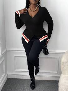 Slaydiva Plus Striped Trim Crossover Sweater
