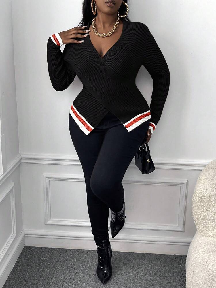 Plus Striped Trim Crossover Sweater