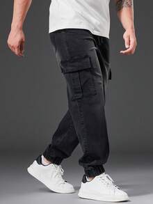 Manfinity Homme 男士大码側翻蓋口袋工裝牛仔褲 - 黑色 - 查看 4