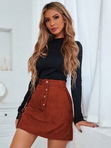 SHEIN LUNE Nút Bay Túi nghiêng Vải to sợi Váy - trái cam - Xem 4