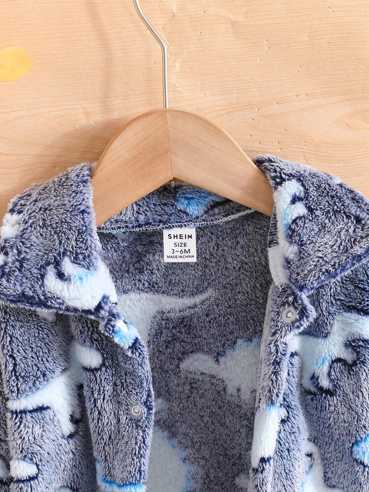 Baby Boy Dinosaur Pattern Flannel Coat Without Tee - Multicolor - View 4