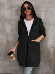 SHEIN LUNE 纯色拉链连帽运动衫，长袖上衣 - 黑色 - 查看 7