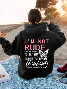 SHEIN EZwear 標語&蝴蝶印花袋鼠口袋連帽衫 - 黑色 - 查看 1