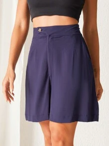 SHEIN 斜口袋闊腿短褲 - 藏蓝色 - 查看 3