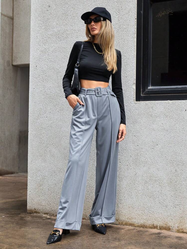 High Waist Buckle Belted Wide Leg Suit Pants