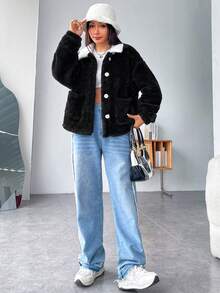 SHEIN EZwear Cổ áo tương phản Thả vai Áo Teddy Jackets - màu đen - Xem 3