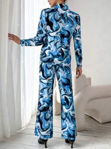 SHEIN Essnce Marble Print Shirt & Wide Leg Pants - Blue - View 2