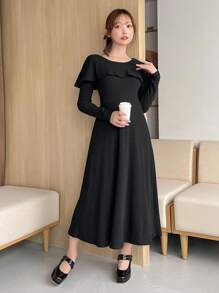 FRIFUL 素色荷葉邊A字洋裝 - 黑色 - 查看 1