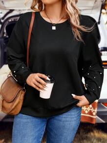 SHEIN LUNE Plus Pearls Beaded Drop Shoulder Sweatshirt - Black - View 5