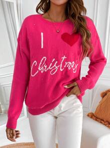 Chiquease Heart & Christmas Pattern Drop Shoulder Knit Pullover Fall Winter Sweater - Hot Pink - View 5