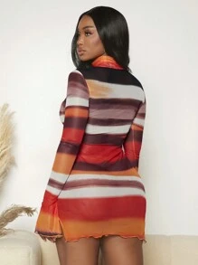 Slaydiva Colorblock Mock Neck Flounce Sleeve Lettuce Trim Mesh Bodycon Dress - Multicolor - View 2