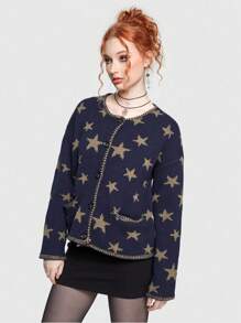 ROMWE Hippie Star Pattern Drop Shoulder Cardigan, School,Ladies Late Fall Casual Button,Pocket Drop Shoulder Round Neck Regular Fit Navy Blue All Over Print,Geometric Women Cardigans,Casual Daily Wear - Navy Blue - View 4
