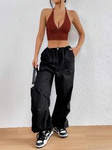 SHEIN EZwear 夏季服裝,實心露背短款領口上衣 - 酒紅色 - 查看 5