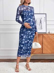 SHEIN Maternity Floral Print Ruched Side Mesh Bodycon Dress With Long Sleeve - Blue - View 3