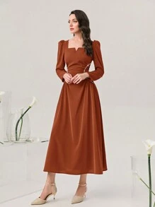 Modelyn Vestido formal de noche largo con escote corazón, mangas abullonadas y fruncido delantero - Marrón - Ver 4