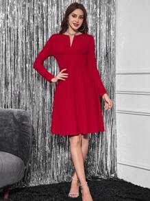 SHEIN Clasi Notched Neckline A-line Dress - Red - View 5
